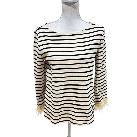 J.Crew Navy & Cream Striped long sleeved Top feather trim cuffs size small - Picture 2 of 11